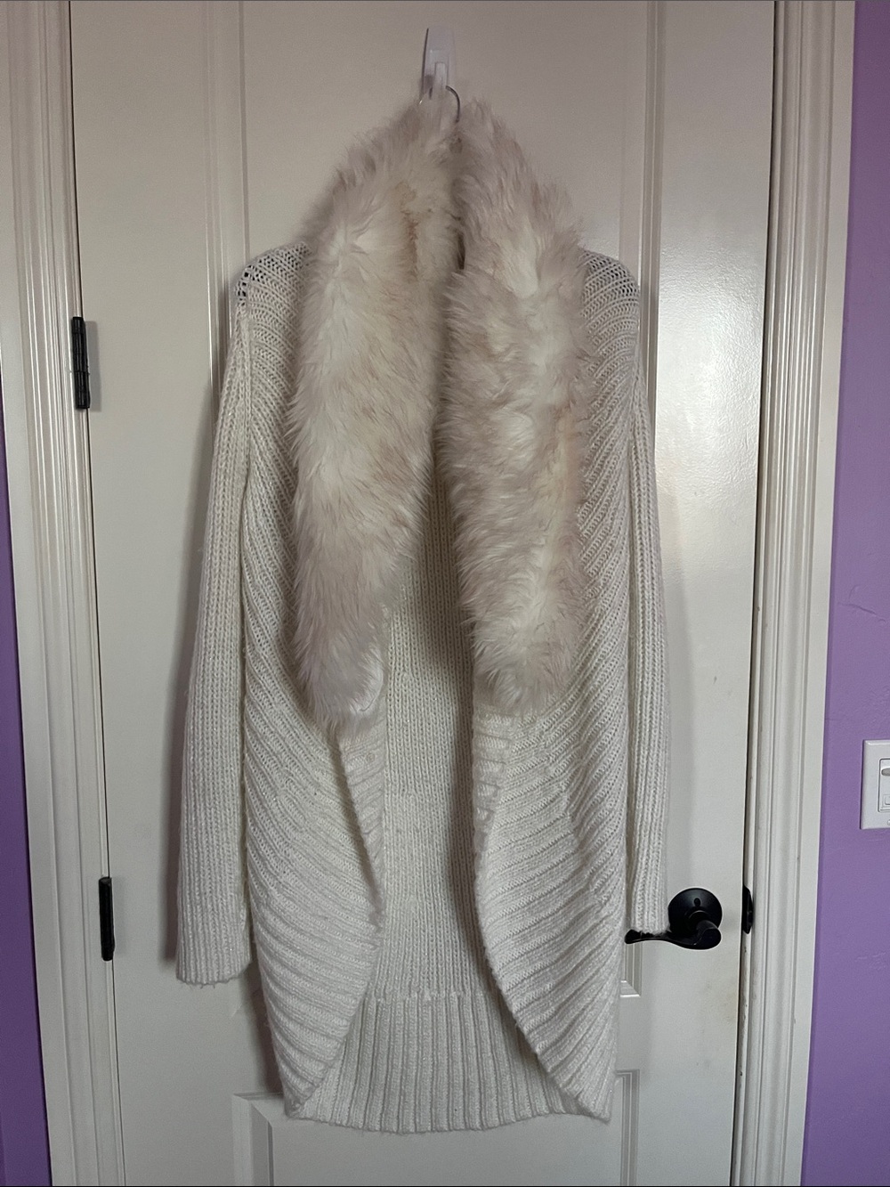 Jennifer Lopez Cream Open Front Faux-Fur Collar Cardigan Size M